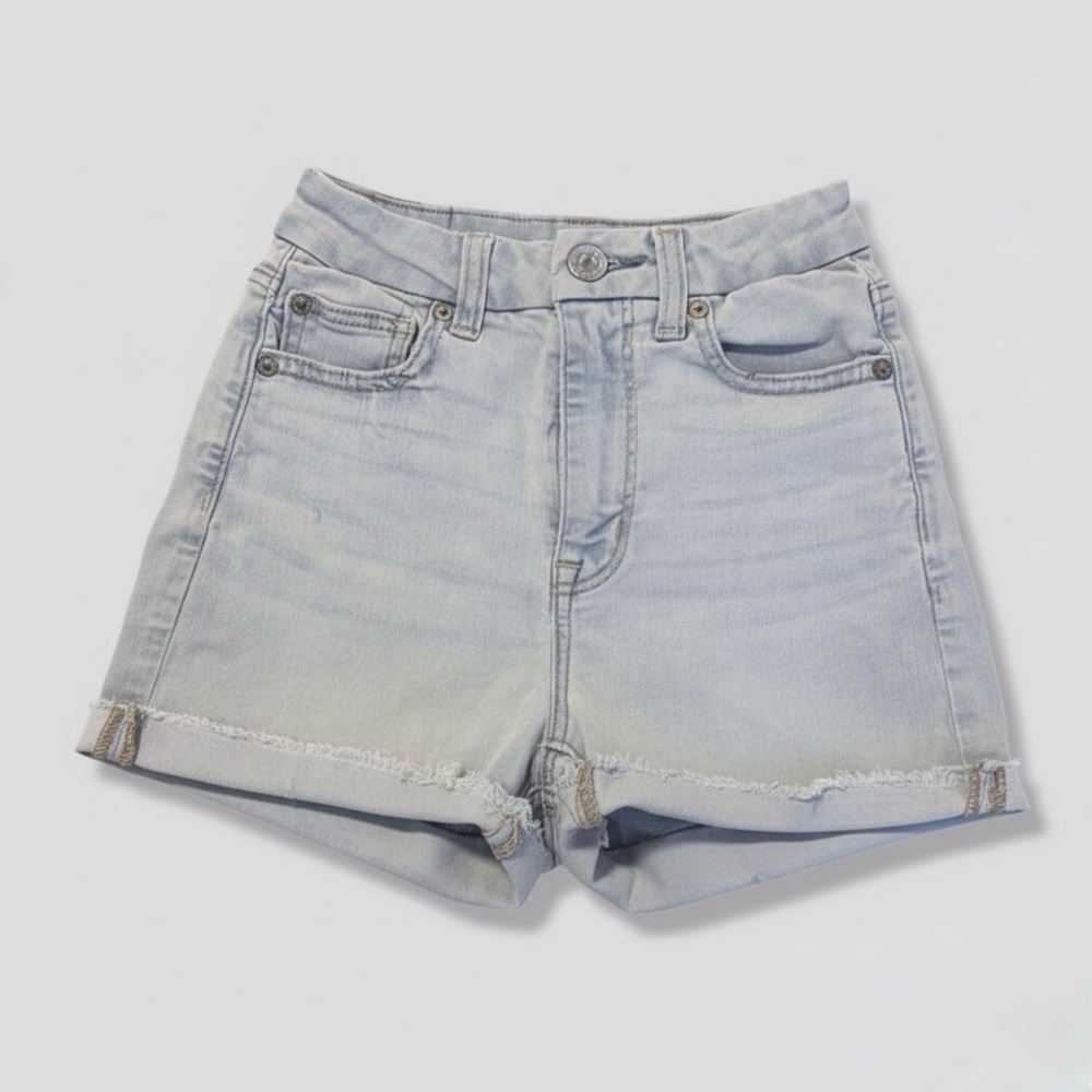 American Eagle High Waisted Denim Cut Off Shorts | Size 00 Blue Distressed Jean